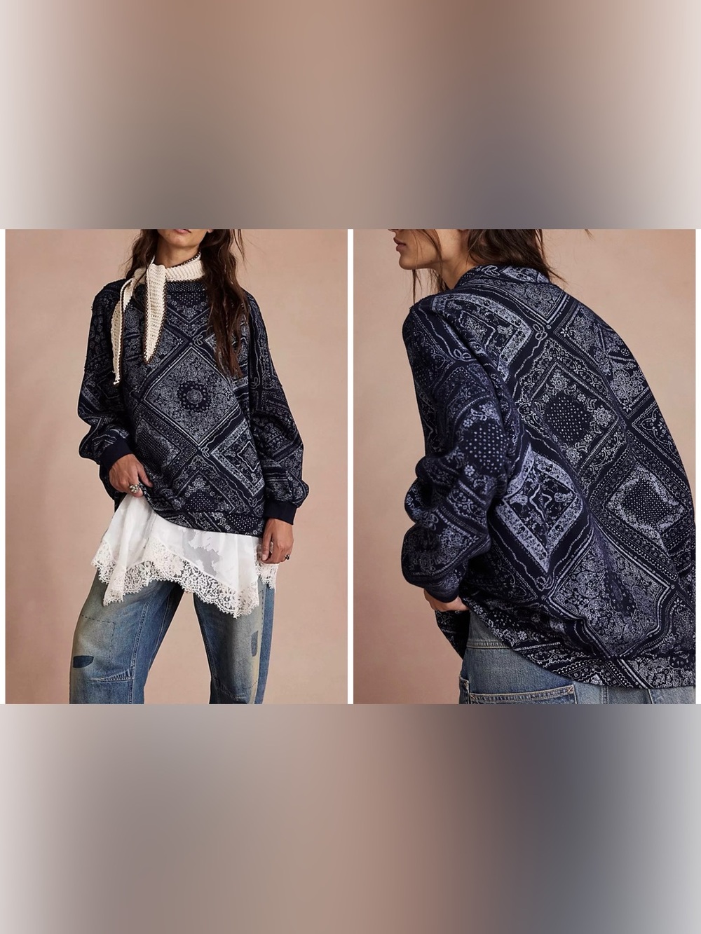 NWT Free People Ragabond Midnight Mock Sweatshirt - navy dark blue - medium
